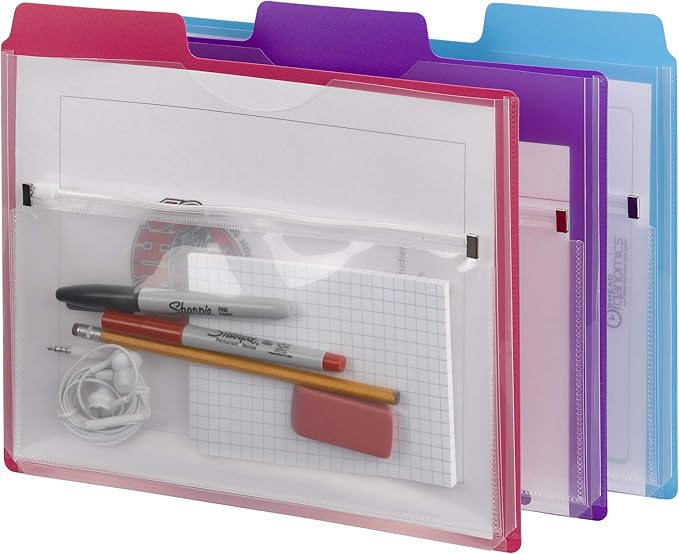 Smead Project Organizer with Zip Pouch, 1/3- Cut Tab, Letter Size, Assorted Colors, 3 per Pack (89617)