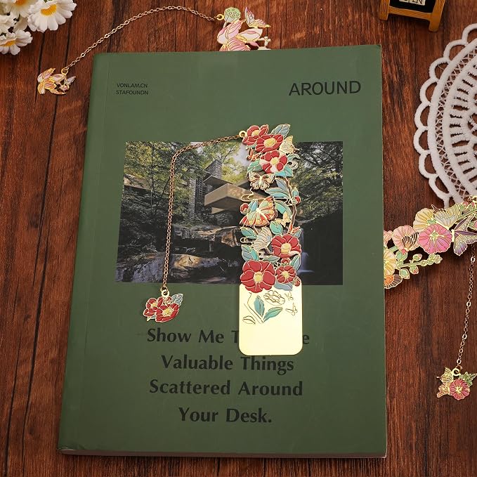 3 PCS Metal Bookmarks - Beautiful Flower Bookmarks for Women - Lotus, Hollyhock, Camellia (BKM-050-002)