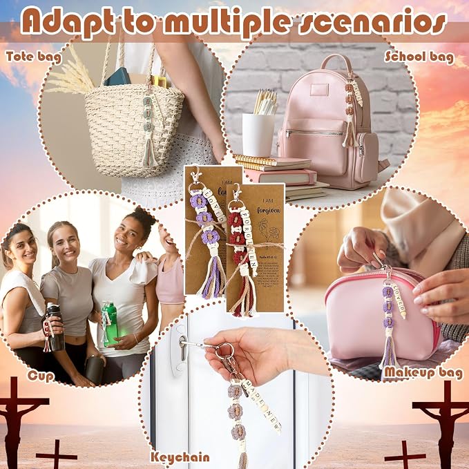 Gerrii 24 Set Back to School Keychains Bulk Christian Gifts for Women Christian Faith Bookmarks with Inspirational Bible Verses Macrame Tassel Keychain Classroom Prize Bible Verse Gift (Bright)