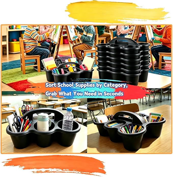 6 Pack Classroom Caddy Organizer with Handle Black Plastic Table Caddy 6 Compartments Storage Cup Holder for School Supplies Art Crafts Crayons Pencils Stackable Desk Caddy for Office Home