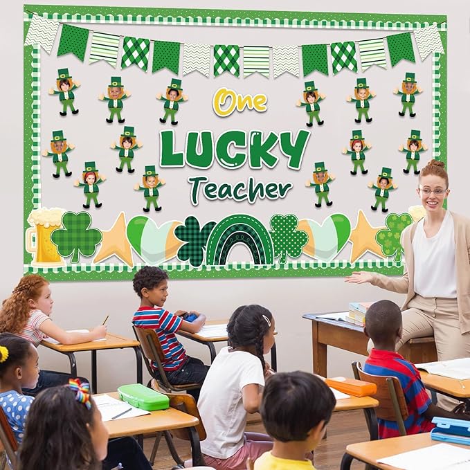 St. Patrick's Day Bulletin Board Classroom Decorations One Lucky Teacher Bulletin Board Set Gnome Shamrock DIY Photo Cutouts for School Nursery Class Door Wall Crafts Decor St. Patrick Party Supplies