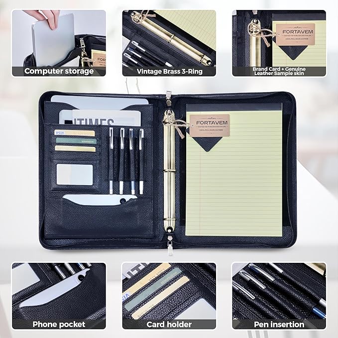 Genuine Leather Zippered Padfolio with 3 Ring Binder, A4/Letter Portfolio Organizer for Work, Fits 13.9" Laptop, Business Folder with Notepad Holder, Meetings & Interviews (Black)