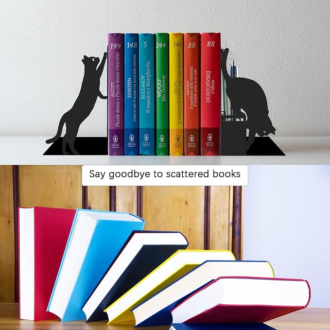 Cat Book Ends for Shelves, Metal Decorative Book Ends with Pen Holder, Fun Unique Bookends, Cool Black Cat Bookends for Home Office Desk Bookshelf Decor, Gift for Cat Lovers and Reading Enthusiasts