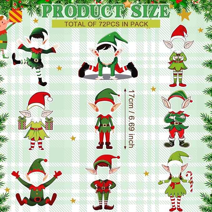 Gersoniel 72 Pcs Christmas Elf DIY Paper Cutouts Xmas Bulletin Board Decoration Christmas Cutouts Cartoon Decoration for Xmas Holiday Festival Party DIY Supplies Photo Crafts Home Decor