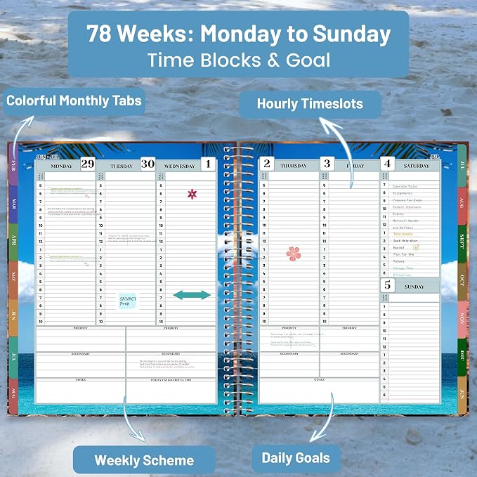 CAGIE Planner 2026-2027 Weekly and Monthly,18 Month (Jul. 26-Dec. 27) Planners Calendar with Hourly Timeslot, 10"x11.5", Large Hardcover Spiral Daily Planner with Tab for Work, Home,Teacher, Blue