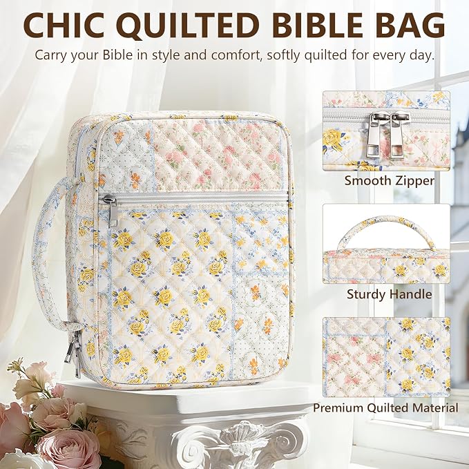 Bible Cover Case for Women Large Bible Bag, Bible Study Supplies Journaling Kit Quilted Church Bag with Handle, Puffer Book Carrying Case w/Tabs Accessories Kit Christmas Christian Gifts for Women Mom