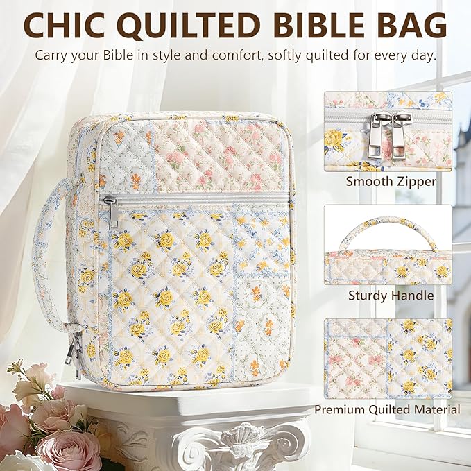 Bible Cover Case for Women Large Bible Bag, Bible Study Supplies Journaling Kit Quilted Church Bag with Handle, Puffer Book Carrying Case w/Tabs Accessories Mothers Day Christian Gifts for Women Mom