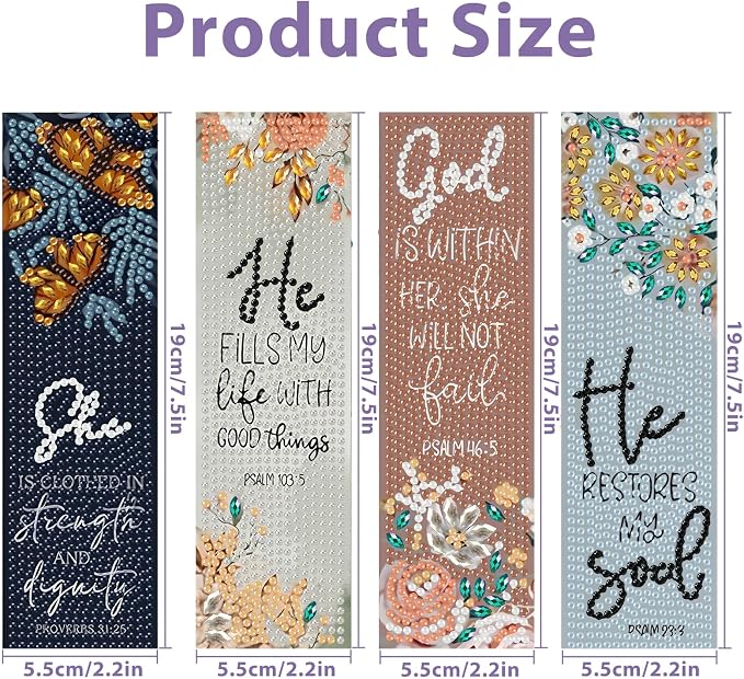 Bible Diamond Art Bookmarks for Adults, 4 PCS Bible Diamond Painting Bookmarks with Pendant, 5d Gem Art, Acrylic Bookmark Easy DIY Crafts for Books Decor Gift