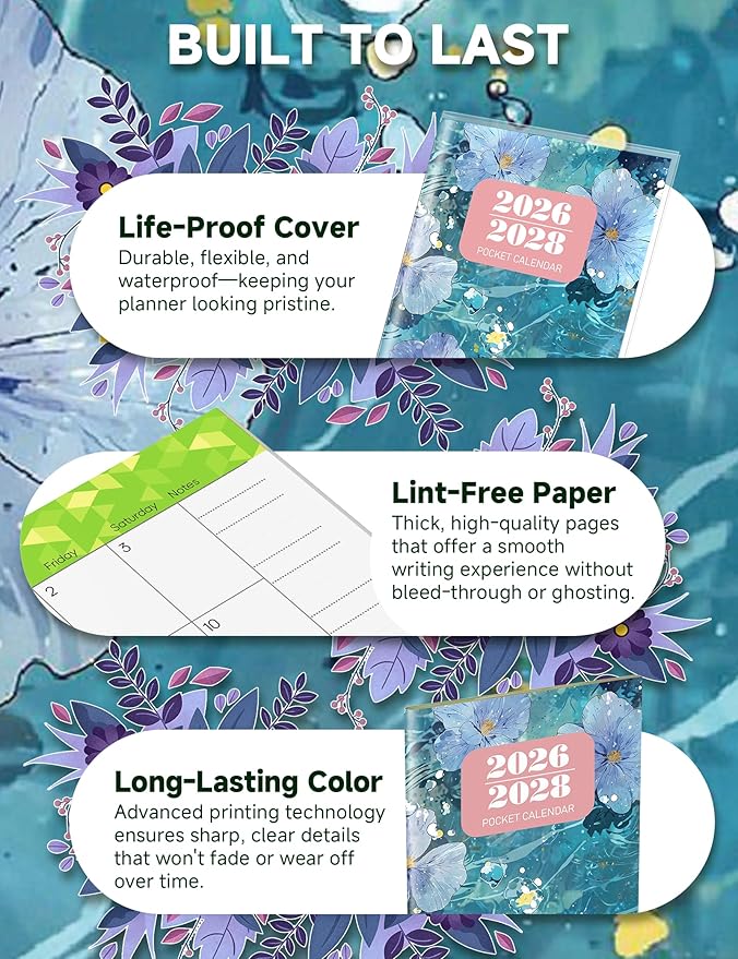 Pocket Calendar 2026-2028 Floral Series, Monthly Planner Jan 2026 to Jul 2028 (3.7" x 6.7") Perfect Purse Calendar, Pocket Agenda with Protective Plastic Sleeve-Blue Floral