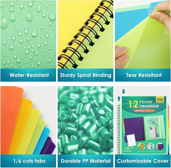 KTRIO 12 Pocket Project Organizer, Letter Size Spiral Binder,Green | 12 Pocket Storage,Letter Size Fit,Water-Resistant Poly,Zip Pouch Included,Writable Color Tabs