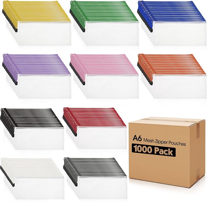 Handepo 1000 Pieces A6 Mesh Zipper Pouch Bulk, Pencil Storage Pouch Mesh Cosmetics Bag Waterproof Reusable Plastic File Folder Case for School Office Travel Supplies Organization, 10 Colors