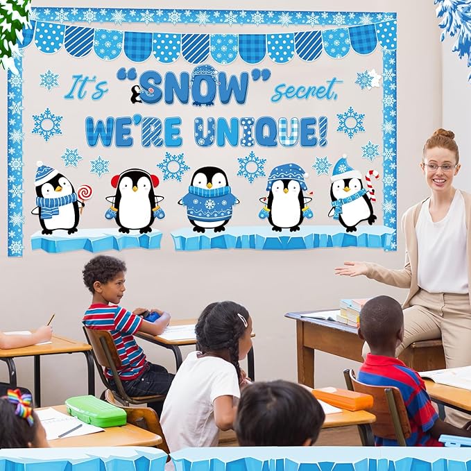 Pasimy Winter Penguin Bulletin Board Decorations January Bulletin Board Set Holiday Classroom Decor Snowflake Cutouts Border Trim for Kindergarten School Home Office Wall Door Party Supplies