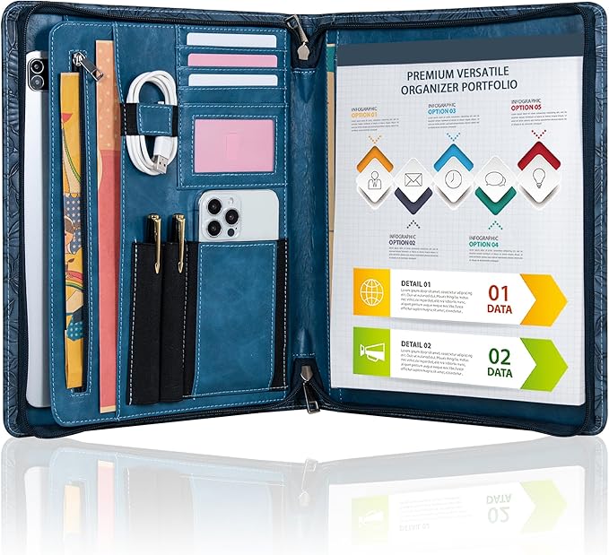 Embossed Vegan Leather Portfolio for Women,Professional Organize Padfolio with A4 Notepad Holder,Professional Business Document Organizer for Women (Blue)