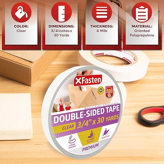 XFasten Clear Double Sided Sticky Tape, Removable, 3/4-Inch x 30-Yards, Single Roll Ideal as an Anti-Scratch Cat Training Tape, Holding Carpets, and Woodworking