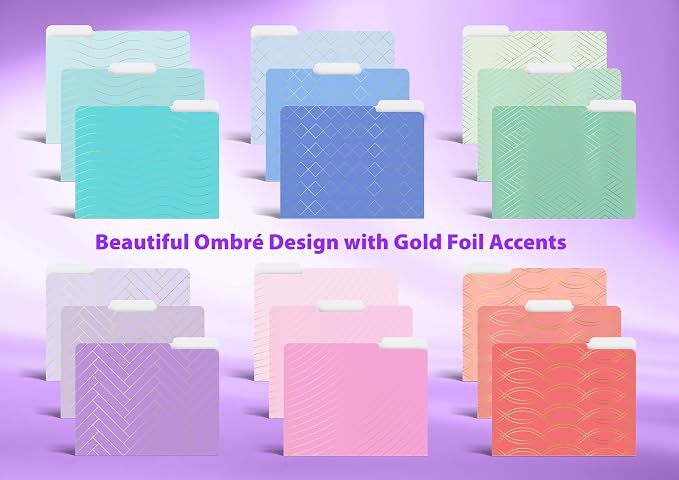 Better Office Products Decorative File Folders with Gold Foil, 18 Pack, 18 Geometric Designs (6 Ombre Color Themes) Heavyweight, Letter Size (9.5" x 11.5") with 1/3 Cut Tab