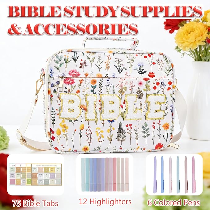 Large Bible Cover Case for Women, 12 x 9 x 2.5 Inch Letter Bible Bag with Shoulder Strap Carrying Bag with Tabs 6 Colored Pens 12 Highlighters, Back to School Study Supplies Christian Church Gifts