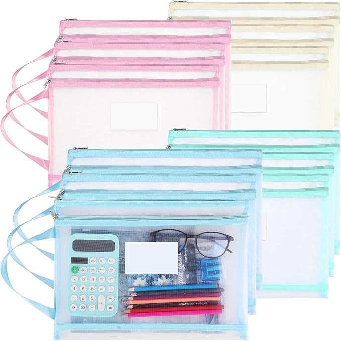 MotiMind 12 Pack Double Layer Mesh Zipper Pouch Bags 14.8 x 10.8 Inch Large Capacity Mesh Toy Storage Bags Colored Organizer Pouch with Handle for School Office and Home
