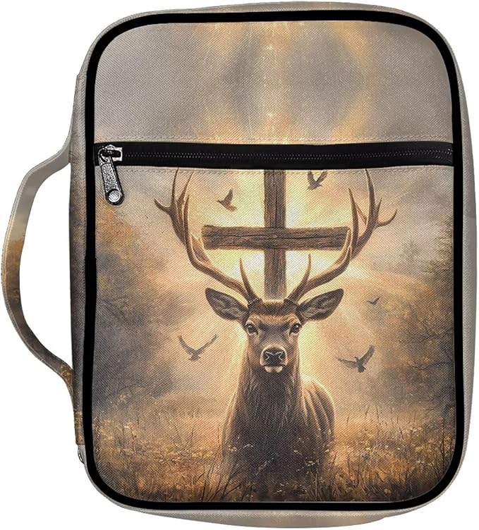 Suobstales Deer Cross Print Bible Cover Portable Carrying Book Case Multi-Functional Bible Case Bible Organizer Case with Handle and Zippered Back Pocket