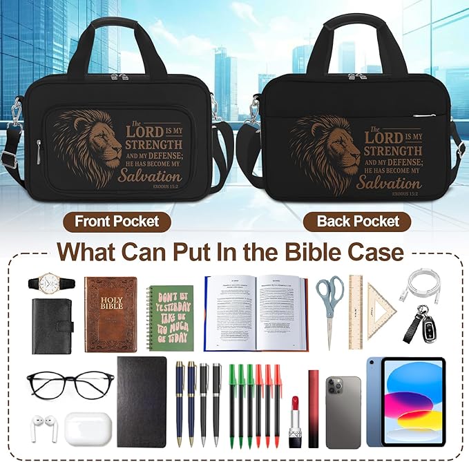Lion Large Bible Cover Case for Men,Bible Bag for Boys,Bible Carrier,Bible Holder Organizer,The Lord is My Strength,Bible Study Supplies Journaling Kit With Highlighter,Tabs,Pen,Christian Gift