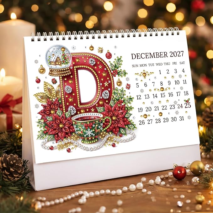 2027 Standing Desk Calendar DIY Diamond Art Painting Monthly Flip Dates Alphabet Theme Tabletop Calendars Diamond Art Craft Supplies Planner Office Home-Letter