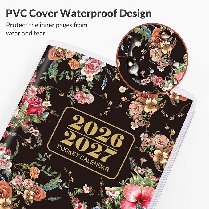 Phyxin Pocket Calendar 2026-2027, Small Calendar 2026 - Runs From Jan 2026 to Dec 2027, Pocket Planner-3.7" x 6.7" with PVC Cover, Pocket Calendar for School, Home and Office Supplies, Black Flowers