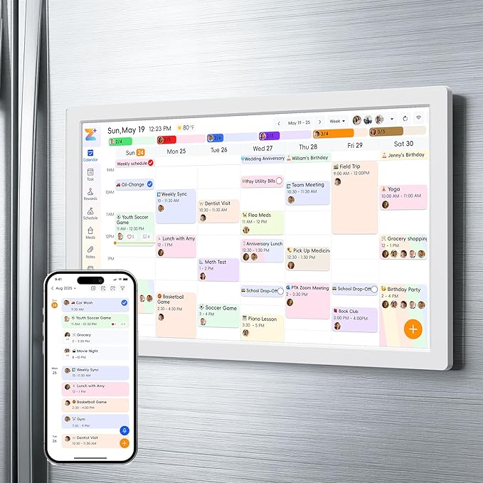 JSUSOU 24 Inch Magnetic Digital Smart Calendar for Refrigerator - Free APP & Touch Screen Chore Chart, Family Schedule Organizer & Interactive Electronic Calendar, Fridge/Wall Mountable, White
