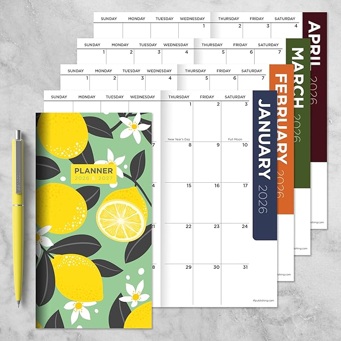 TF Publishing 2026-2027 Lemon Blossom Small Monthly Pocket Planner with 2 Page Large Calendar Grid and Lined Notes Section - 2 Year Pocket Calendar 2026-2027 Perfect for Purse - 3.5in x 6.5in