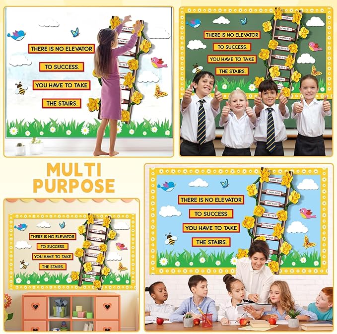 Spring Bulletin Board Decoration Set Back to School 3D Ladder Classroom Decorations Motivational Blue Sky White Clouds Summer Paper Cutouts for Home Nursery School Chalkboard Wall Party Supplies
