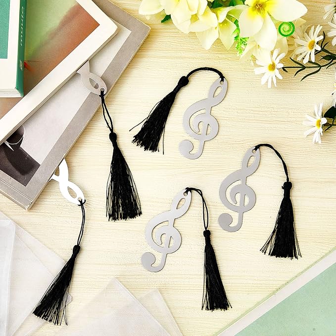Gueevin 24 Pcs Music Gift Note Bookmarks Music Themed Party Favors Metal Musical Bookmarks with Silk Tassels and Organza Bags Musical Gifts Bulk for Band, Choir Members