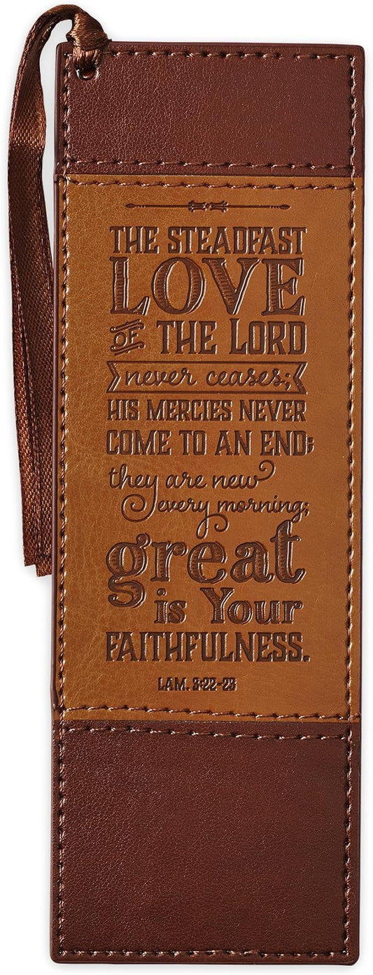 Christian Art Gifts Premium Vegan Leather Bookmark for Men: Steadfast Love - Lamentations 3:22-23 Inspirational Bible Verse, Heat-Debossed, Faith-Based Reading Accessory, Two-Tone Brown with Tassel