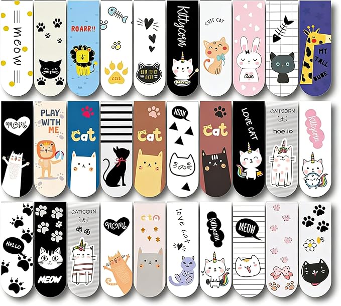 30pc Magnetic Bookmarks, Cute Cat Lover Gifts for Women, Book Lovers, Book Markers for Reading Kids & Adults, Classroom Rewards & Party Favors, Holiday Gifts, 30 Designs Page Markers