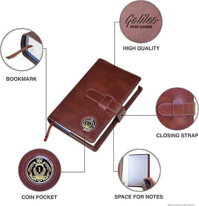 GALILEO® Single AA Big Book Cover | PU Leather AA Book Covers for Hardcover | Medallion Holder | AA Gift | Alcoholics Anonymous | Premium Design (Plain/Coin Pocket/Brown)