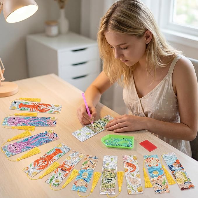 cnomg Diamond Art Bookmarks Kit for Adults 8 Pack Ocean Animals Diamond Painting Bookmarks with Tassels 5D DIY Ocean Sea Life Gem Art Bookmark Set Reading Gifts for Book Lovers Women
