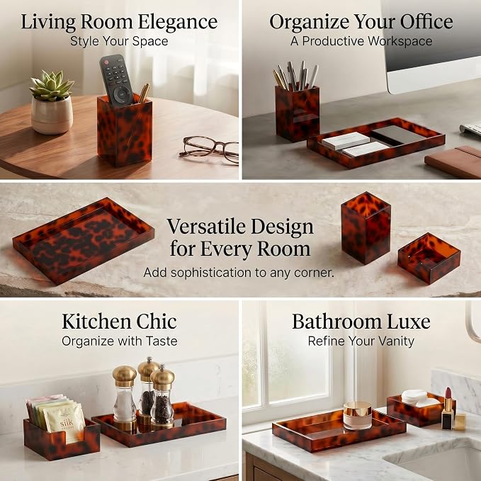 4 Pcs Tortoiseshell Desk Drawer Organizer Set Aesthetic Pen, Paperclip, Sticky Note Holder, Desk Rrganizer Tray for Office Home Supplies