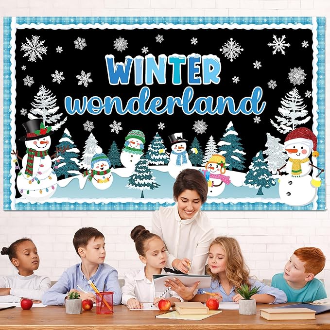 Winter Wonderland Bulletin Board Set Winter Snowman Bulletin Board Christmas Classroom Decorations Snowy Tree Snowflake Cutouts for Xmas Holiday Party School Classroom Home Chalkboard Wall Decor