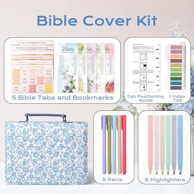 XKDOUS Bible Cover Case for Women Leather Quilted Bible Bag Organizer Large Book Carrying Case with Handle, Pens, Tabs, Study Supplies Journaling Kit Christian Gifts for Mom, Lady