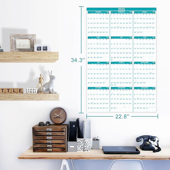 2026 Calendar - Yearly Wall Calendar 2026, Jan.2026 - Dec.2026, 34.3" x 22.8"(open), 2026 Wall Calendar with Thick Paper, One Page for Organizing, Vertical, Round Stickers - Green