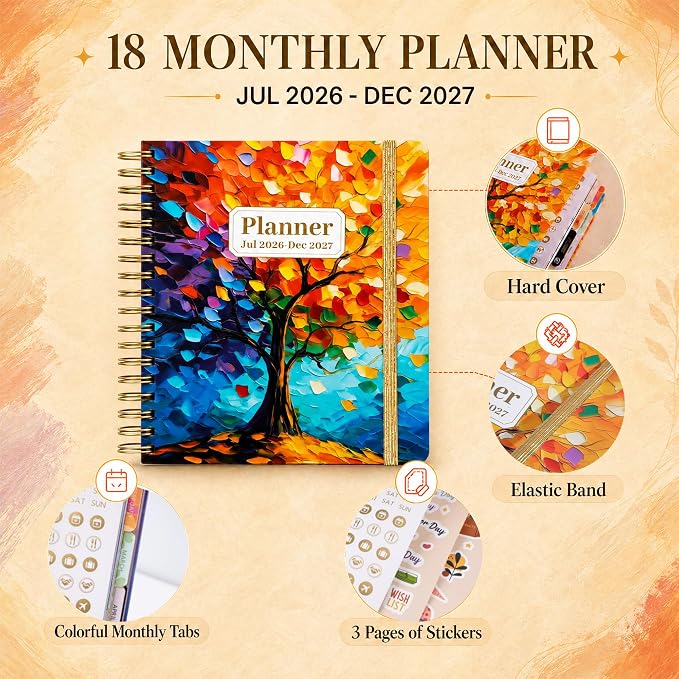 CAGIE Planner 2026-2027 18 Month July 2026-Dec 2027 Weekly and Monthly Calendar Planners Yearly Daily Hardcover 26-27 Planner for Women with Stickers Tabs Spiral Bound Agenda, Tree of Life, 8.3"x9.1