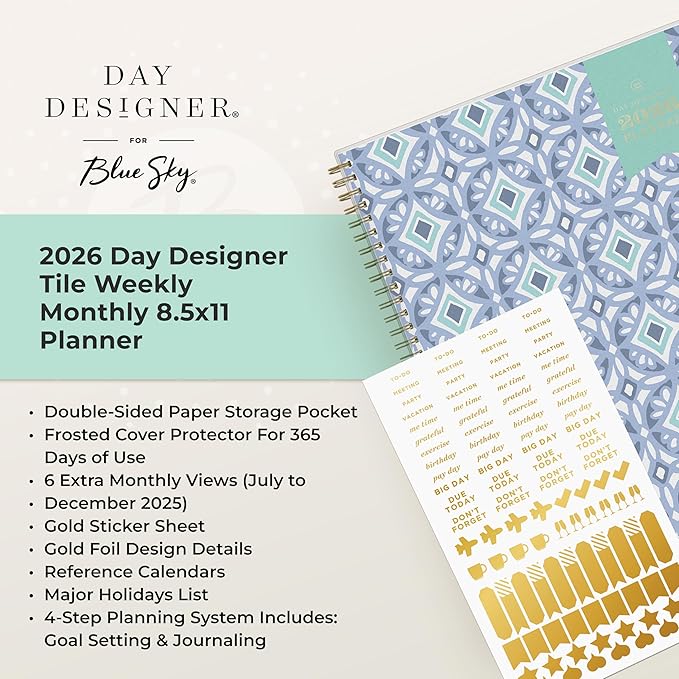 Blue Sky Day Designer 2026 Weekly and Monthly Planner Calendar, January 2026 - December 2026, 8.5" x 11", Flexible Cover, Durable Twin Wire Binding, Includes Storage Pocket, Stickers, Tile