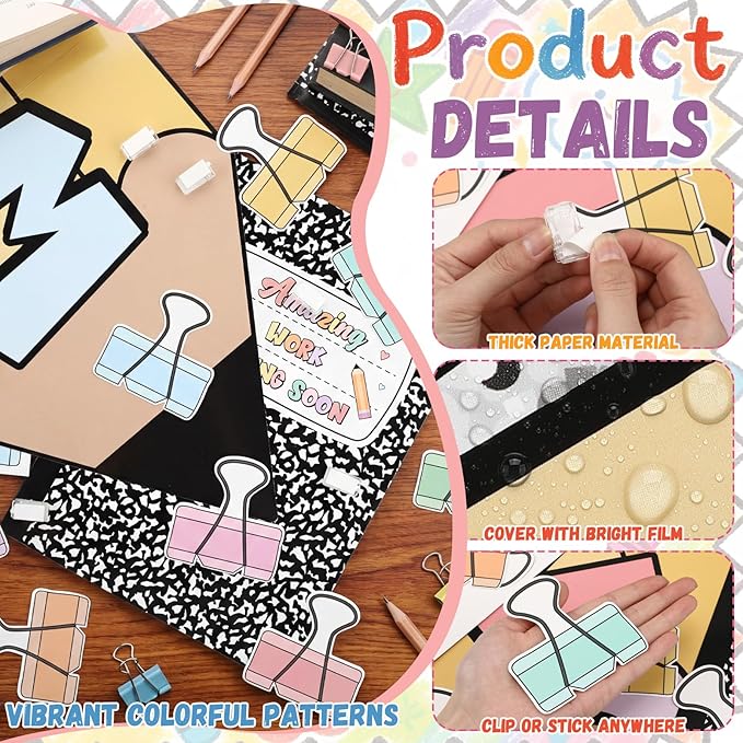 Mooliwe 139 Pcs Student Work Display Bulletin Board Composition Notebook Classroom Decoration Pencil Wow Work Cutouts with Clip Names Display Classroom Wall Decor for Teachers Back to School Supplies