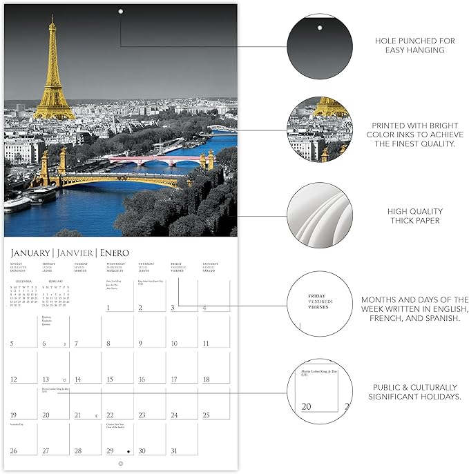 Graphique 2025 Paris Glitz Wall Calendar | 12” x 12” | Thick Paper | Home & Office Organizer | Large Monthly Grid | 3 Languages & Marked Holidays | 4 Month Preview Page for 2026