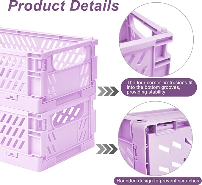 6 Pack Mini Foldable Small Plastic Baskets for Organizing and Storage，Collapsible Storage Crates,Mini Bins for Home Kitchen Bedroom Bathroom Office (Purple, Small 6x4x2.2)