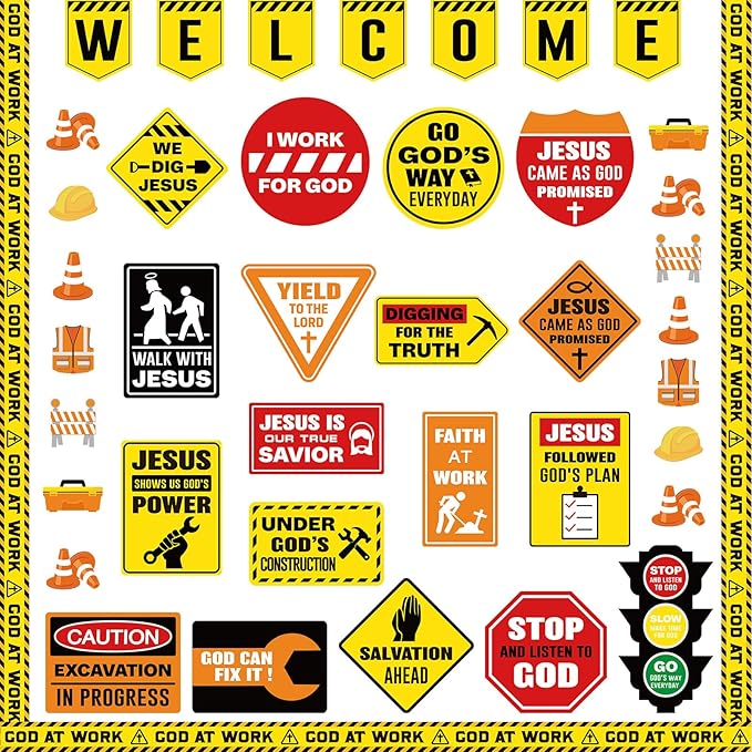 Harloon 67 Pcs Christian Construction Classroom Decorations Religious Welcome Bulletin Boards Cutouts Road Trip Signs for Elementary Preschool Motivational Scripture Construction Supplies VBS Decor