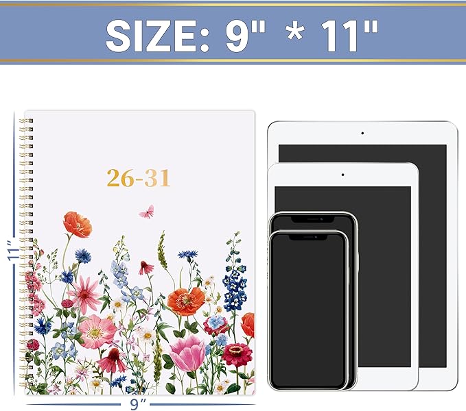 Monthly Planner 2026-2031 - 5 Year Planner/Calendar, 2026-2031 Monthly Calendar Planners Spiral Bound, Jul. 2026 - Jun. 2031, 9" x 11", Twin-Wire Binding + Tabs + Pocket - Flowers