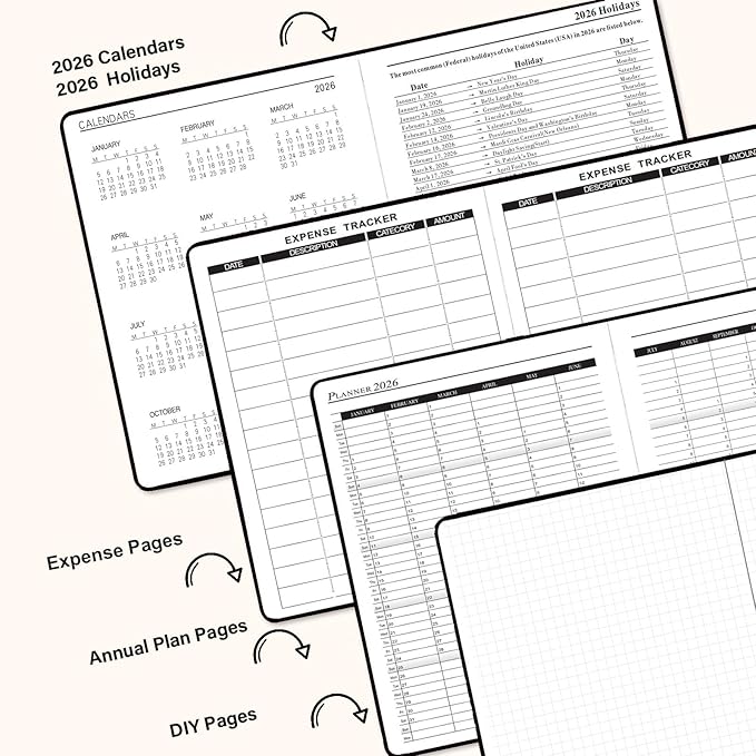 Daily Planner 2026, Calendar 2026 Agenda Planner Daily Journal Notebook 8.5"x5.8", January 2026 to December 2026, Faux Leather Cover (Black, 8.5"×5.75")