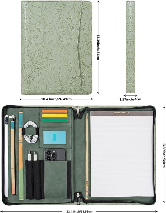 Embossed Vegan Leather Portfolio for Women,Professional Organize Padfolio with A4 Notepad Holder,Professional Business Document Organizer for Women (Light Green)