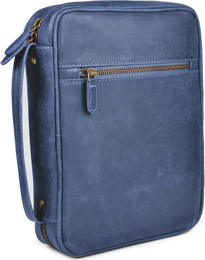 LEATHER VILLAGE Genuine Leather Bible Cover with Zipper for Men & Women - Large Bible Case Carrying Bag Book Cover & Organizer with Handle and Pockets - Leather Bible Covers for Church Study - Blue