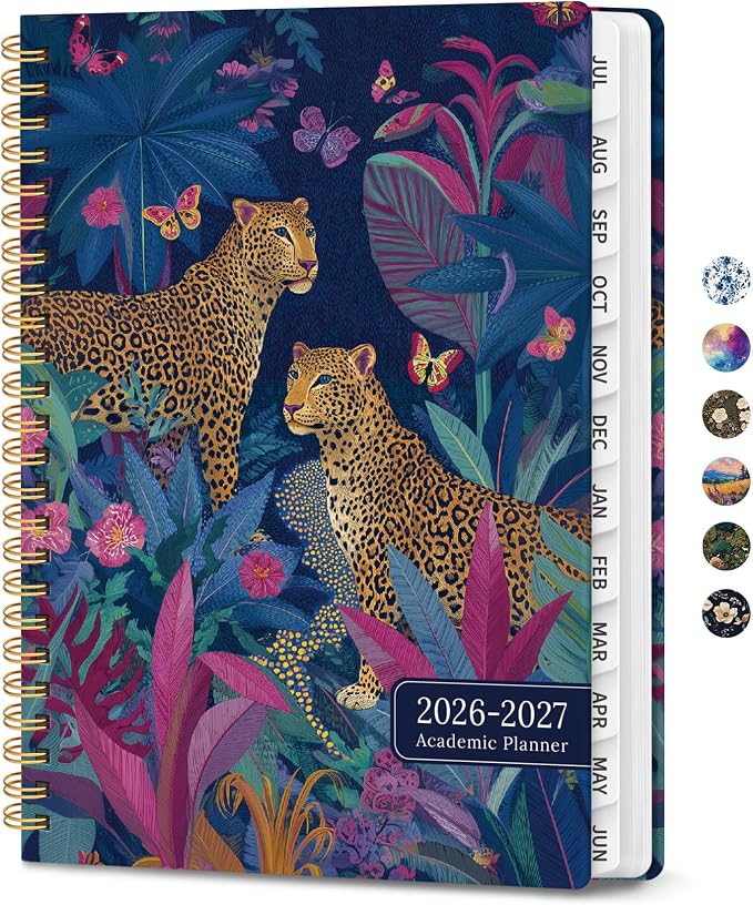 Planner 2026–2027, Academic Planner Weekly and Monthly Calendar Jul 2026 – Jun 2027 Hardcover Planner with Tabs and Pocket, Spiral Bound Agenda Book for Student & Teacher, 6.3" x 8.5", Wild Jungle