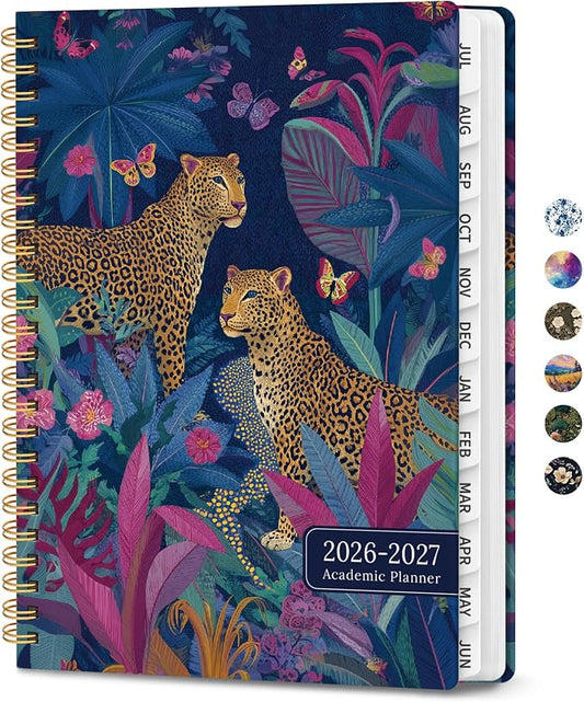 Planner 2026–2027, Academic Planner Weekly and Monthly Calendar Jul 2026 – Jun 2027 Hardcover Planner with Tabs and Pocket, Spiral Bound Agenda Book for Student & Teacher, 6.3" x 8.5", Wild Jungle