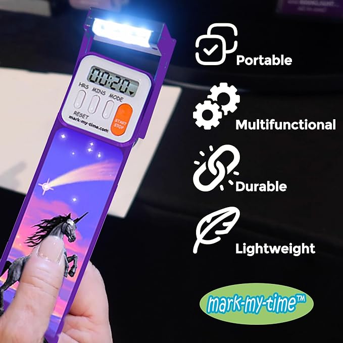 Mark-My-Time Digital Bookmark and LED Book Light - Timer and Bookmark for Kids with LED Book Light, Cool Bookmarks and Reading Incentives, Christmas Gift & Stocking Stuffer - Unicorn